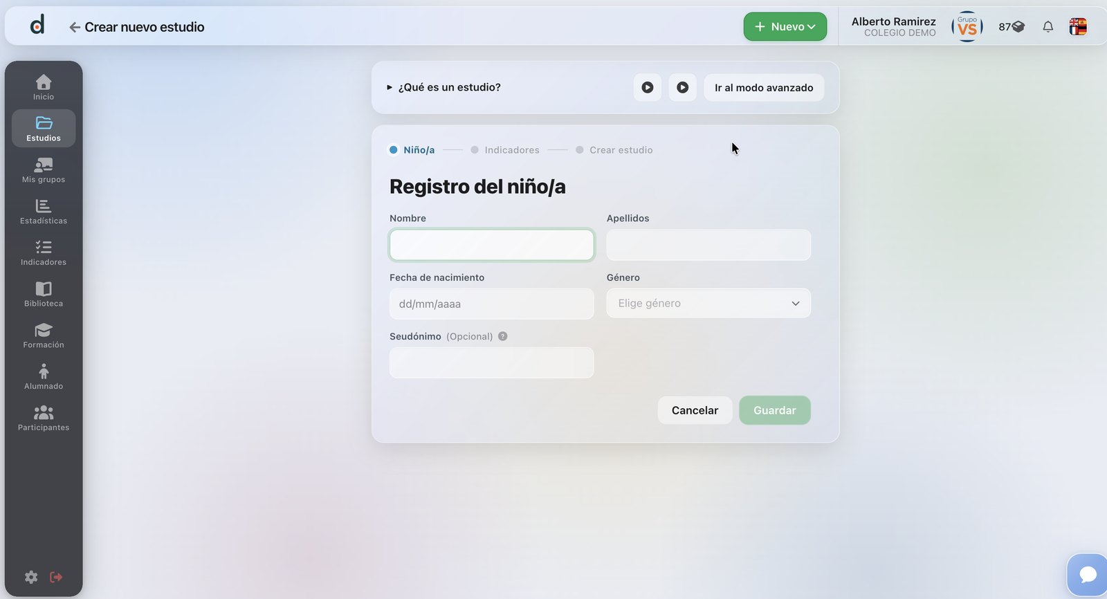 Formulario de alta de un alumno nuevo
