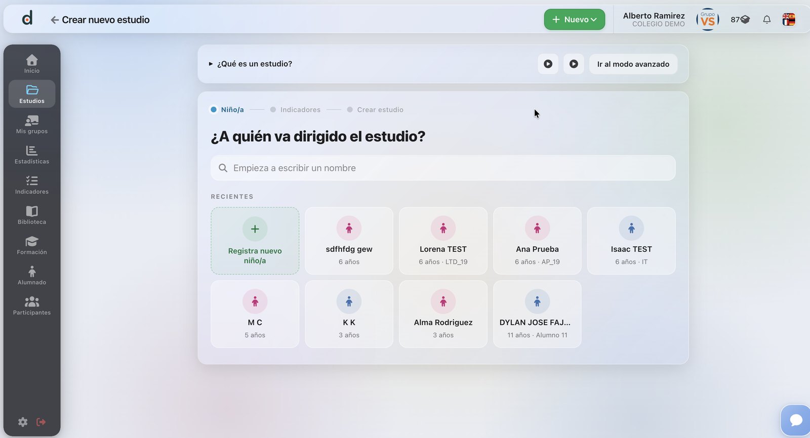 Pantalla de crear nuevo estudio con el buscador de alumnos