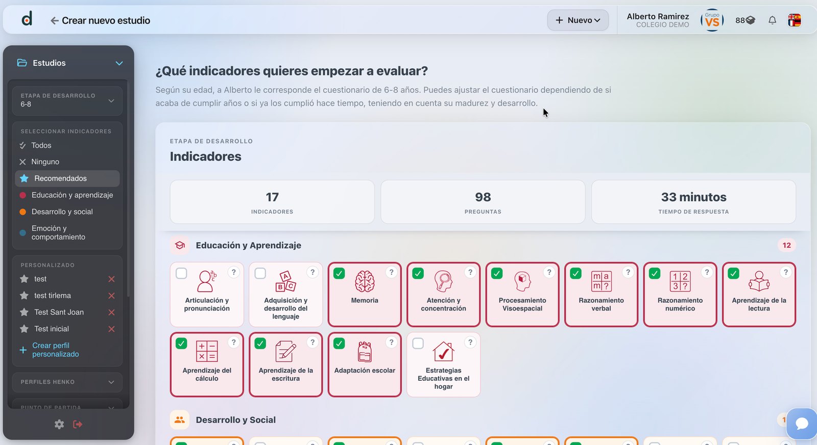 Selección de indicadores con la lista Recomendados activa